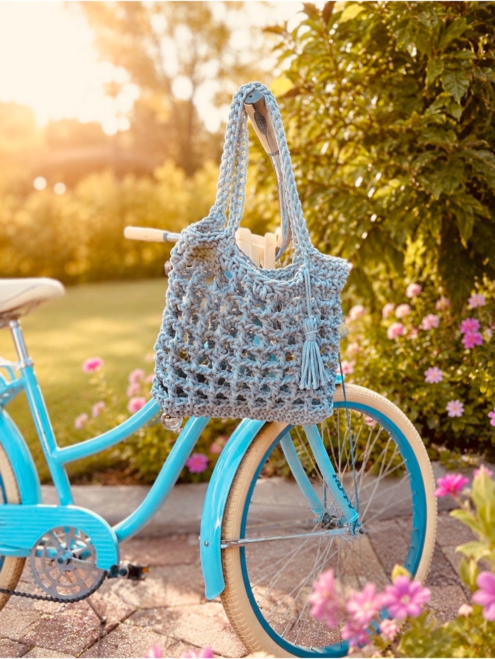 Light Blue Crochet Shoulder Bag with Tassel